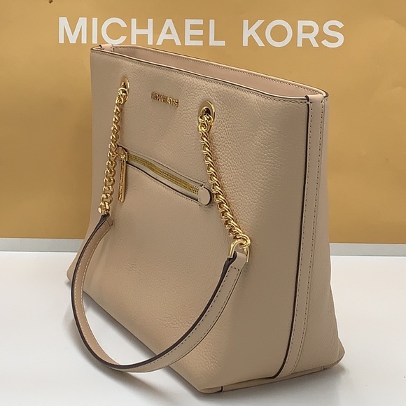 Michael Kors Jet Set Item Medium Front Pocket Shoulder Chain Tote BUFF COLOR - Picture 5 of 13